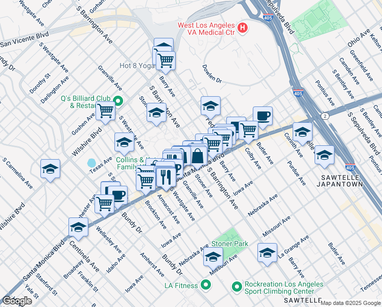 map of restaurants, bars, coffee shops, grocery stores, and more near 11711 Ohio Avenue in Los Angeles