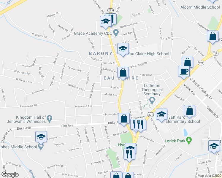 map of restaurants, bars, coffee shops, grocery stores, and more near 608 Joan Street in Columbia