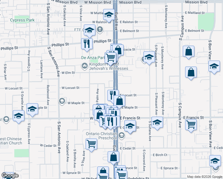 map of restaurants, bars, coffee shops, grocery stores, and more near 1610 South Euclid Avenue in Ontario