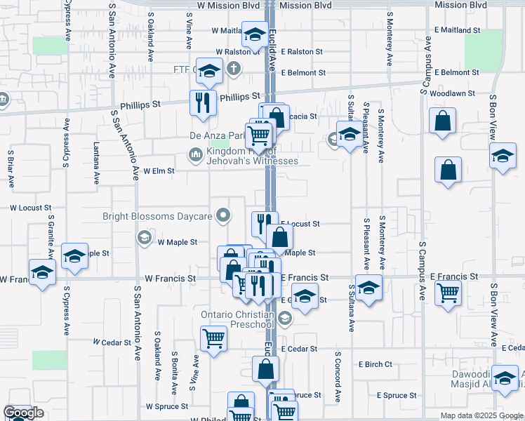 map of restaurants, bars, coffee shops, grocery stores, and more near 1610 South Euclid Avenue in Ontario