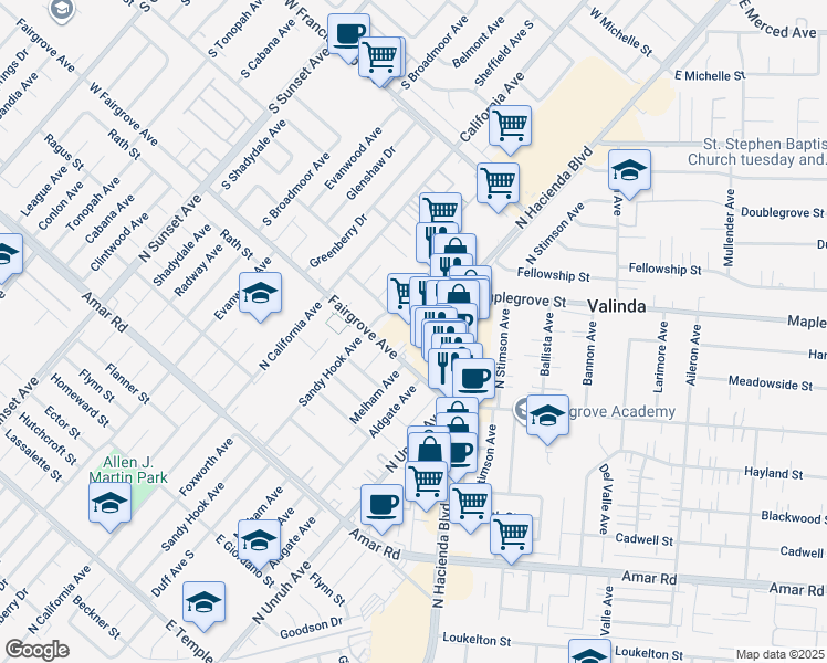 map of restaurants, bars, coffee shops, grocery stores, and more near 15155 Fairgrove Avenue in La Puente
