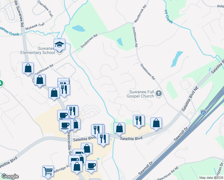 map of restaurants, bars, coffee shops, grocery stores, and more near 125 White Sands Court Northeast in Suwanee