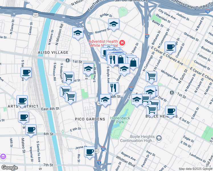 map of restaurants, bars, coffee shops, grocery stores, and more near 325 South Boyle Avenue in Los Angeles