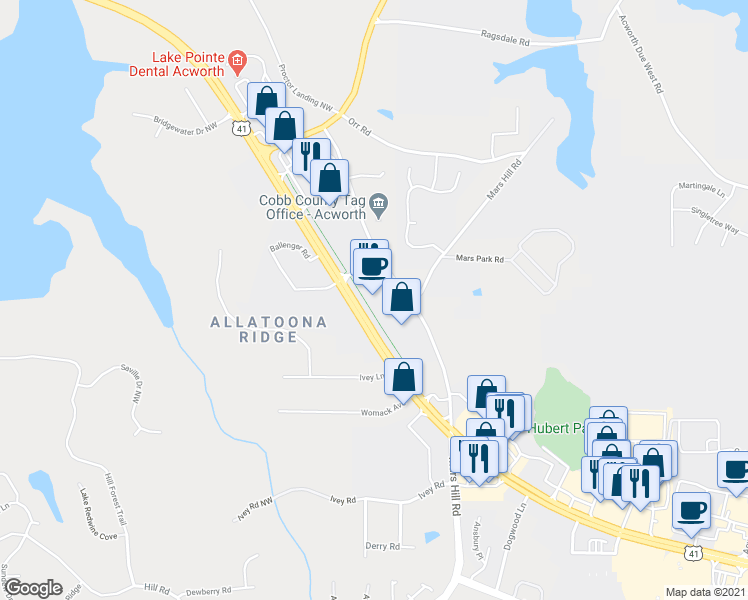 map of restaurants, bars, coffee shops, grocery stores, and more near 3614 Cobb Parkway Northwest in Acworth