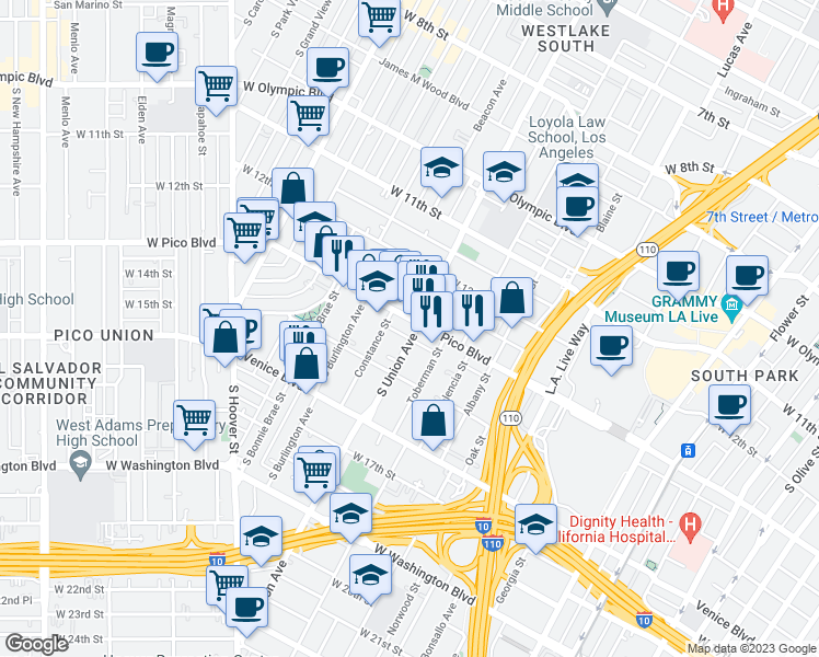 map of restaurants, bars, coffee shops, grocery stores, and more near 1604 West Pico Boulevard in Los Angeles