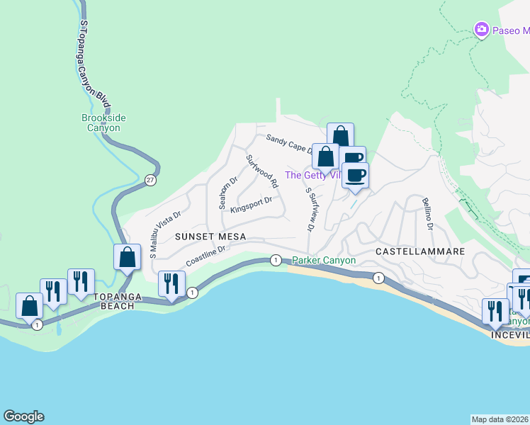 map of restaurants, bars, coffee shops, grocery stores, and more near 18133 Wakecrest Drive in Malibu