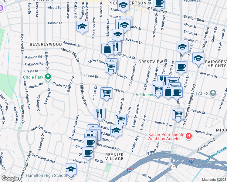 map of restaurants, bars, coffee shops, grocery stores, and more near 1911 Preuss Road in Los Angeles