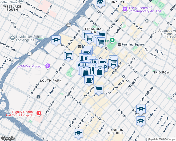map of restaurants, bars, coffee shops, grocery stores, and more near 816 South Olive Street in Los Angeles