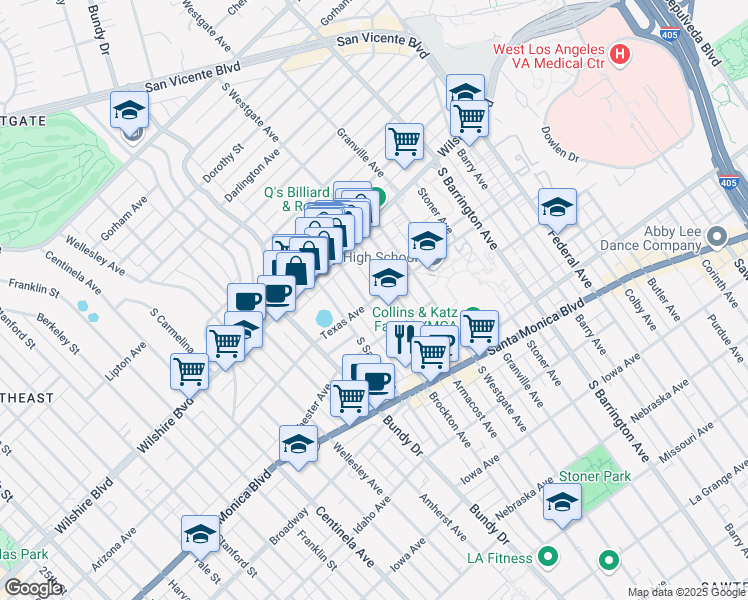map of restaurants, bars, coffee shops, grocery stores, and more near Texas Avenue in Los Angeles