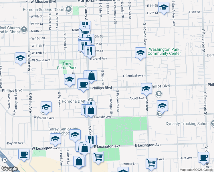 map of restaurants, bars, coffee shops, grocery stores, and more near 331 East Phillips Boulevard in Pomona