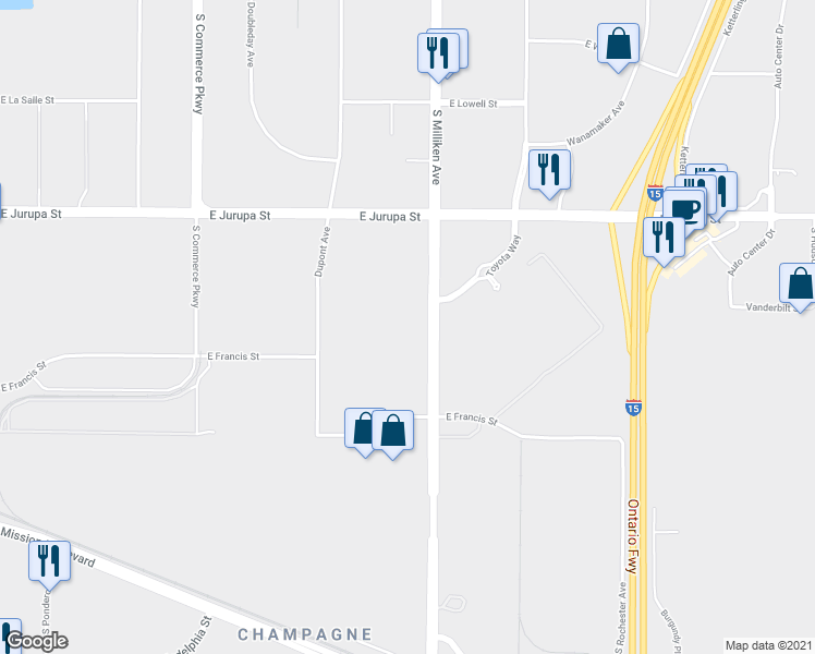 map of restaurants, bars, coffee shops, grocery stores, and more near 1590 South Milliken Avenue in Ontario