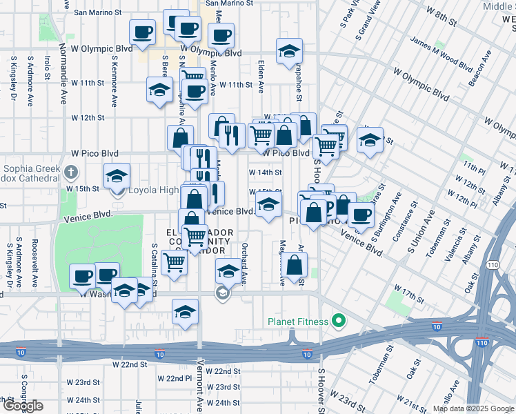 map of restaurants, bars, coffee shops, grocery stores, and more near 1625 1/2 Orchard Avenue in Los Angeles