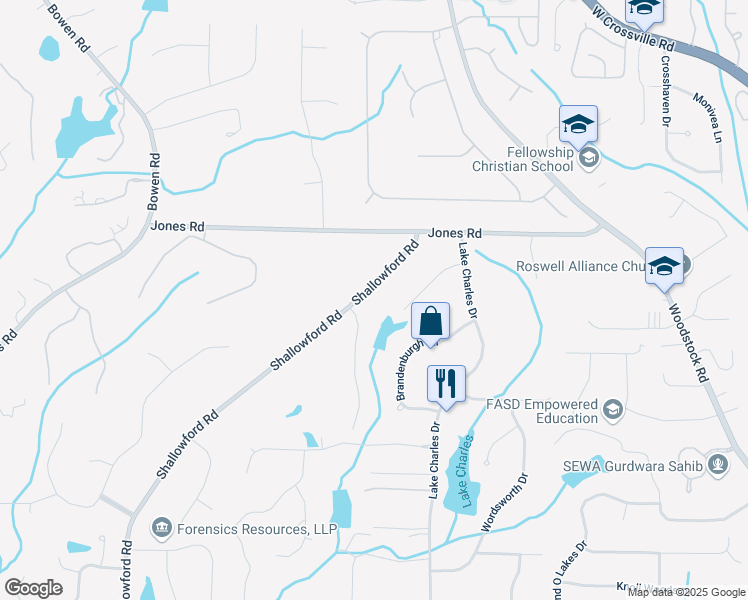 map of restaurants, bars, coffee shops, grocery stores, and more near 10845 Shallowford Road in Roswell