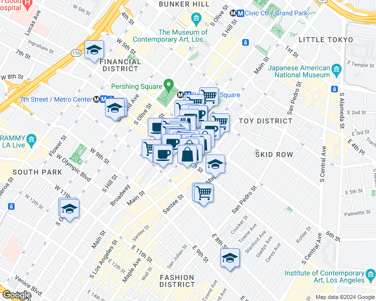 map of restaurants, bars, coffee shops, grocery stores, and more near 111 West 7th Street in Los Angeles