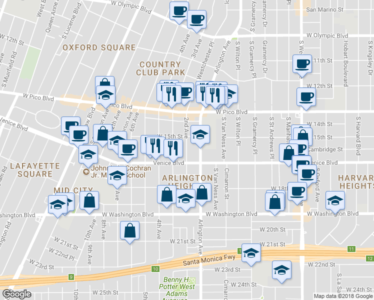 map of restaurants, bars, coffee shops, grocery stores, and more near 2nd Avenue in Los Angeles