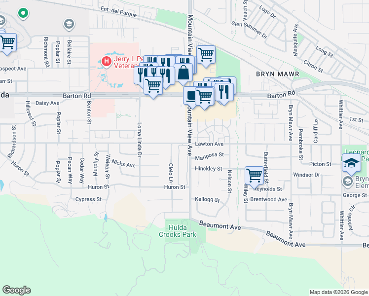 map of restaurants, bars, coffee shops, grocery stores, and more near 25659 Lawton Avenue in Loma Linda