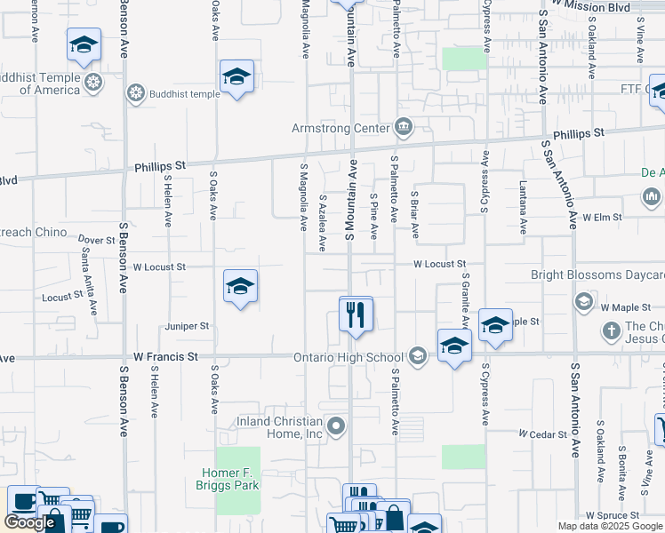 map of restaurants, bars, coffee shops, grocery stores, and more near 1120 West Locust Street in Ontario