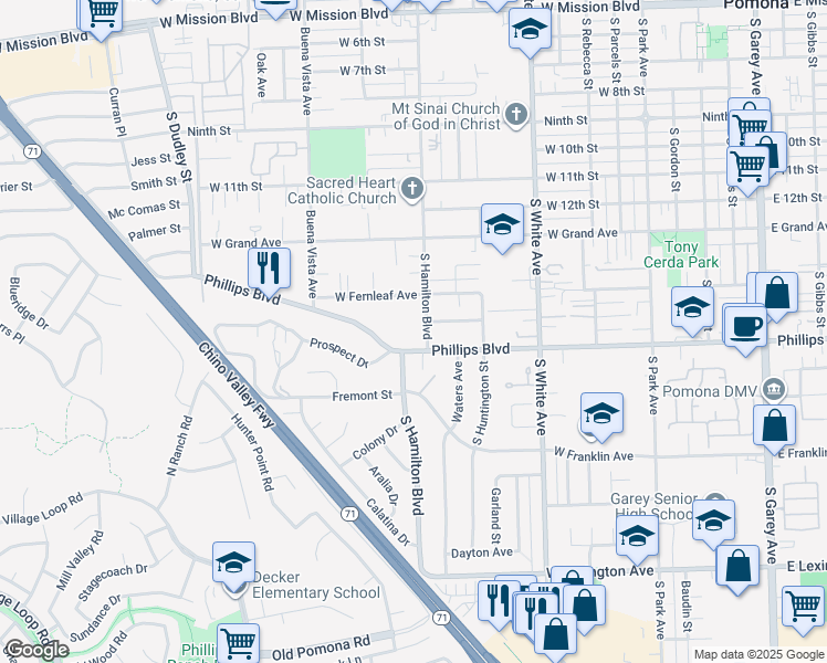 map of restaurants, bars, coffee shops, grocery stores, and more near 1123 West Phillips Boulevard in Pomona