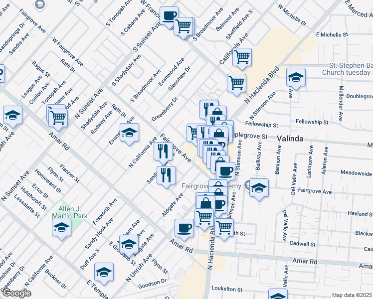 map of restaurants, bars, coffee shops, grocery stores, and more near 1157 Duff Avenue South in La Puente