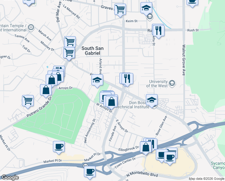 map of restaurants, bars, coffee shops, grocery stores, and more near 1129 Pollock Street in Rosemead