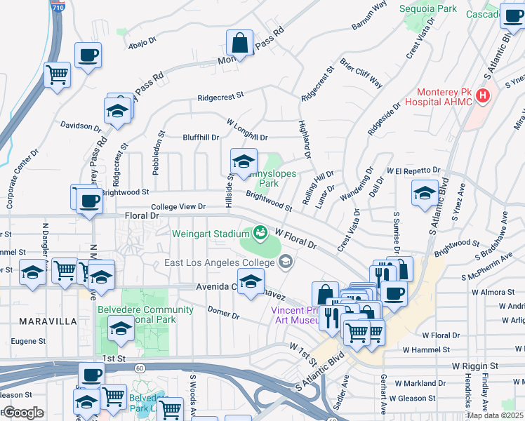 map of restaurants, bars, coffee shops, grocery stores, and more near 1620 College View Drive in Monterey Park