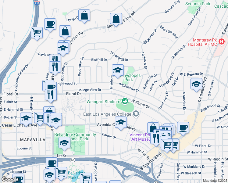 map of restaurants, bars, coffee shops, grocery stores, and more near 2000 Bleakwood Avenue in Monterey Park
