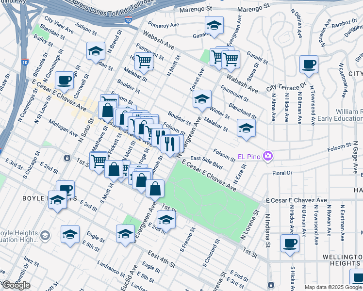 map of restaurants, bars, coffee shops, grocery stores, and more near 416 North Evergreen Avenue in Los Angeles