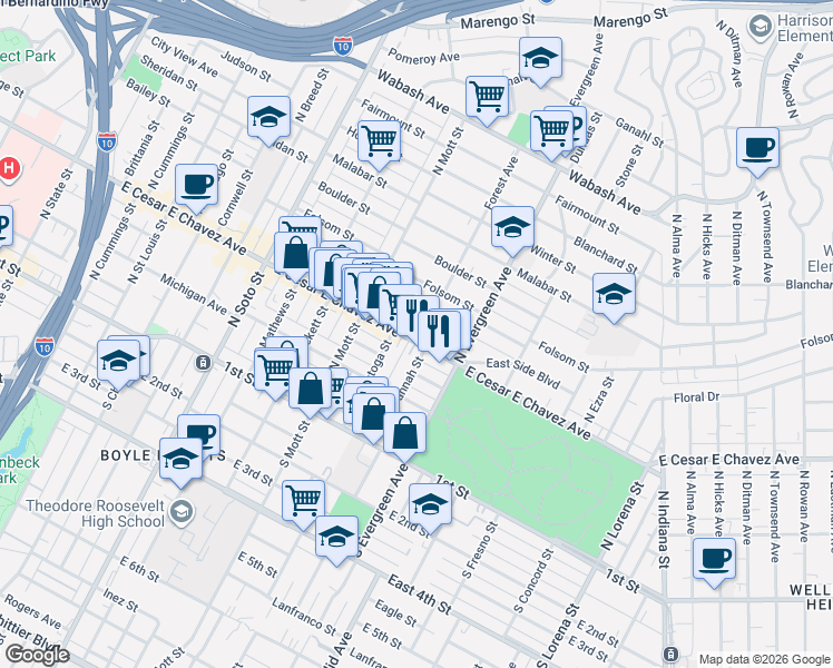 map of restaurants, bars, coffee shops, grocery stores, and more near 348 North Savannah Street in Los Angeles