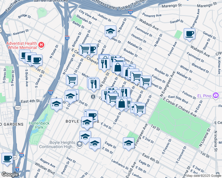 map of restaurants, bars, coffee shops, grocery stores, and more near 2511 Pennsylvania Avenue in Los Angeles