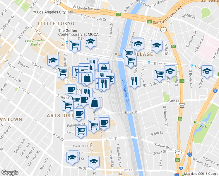 map of restaurants, bars, coffee shops, grocery stores, and more near 320 South Santa Fe Avenue in Los Angeles