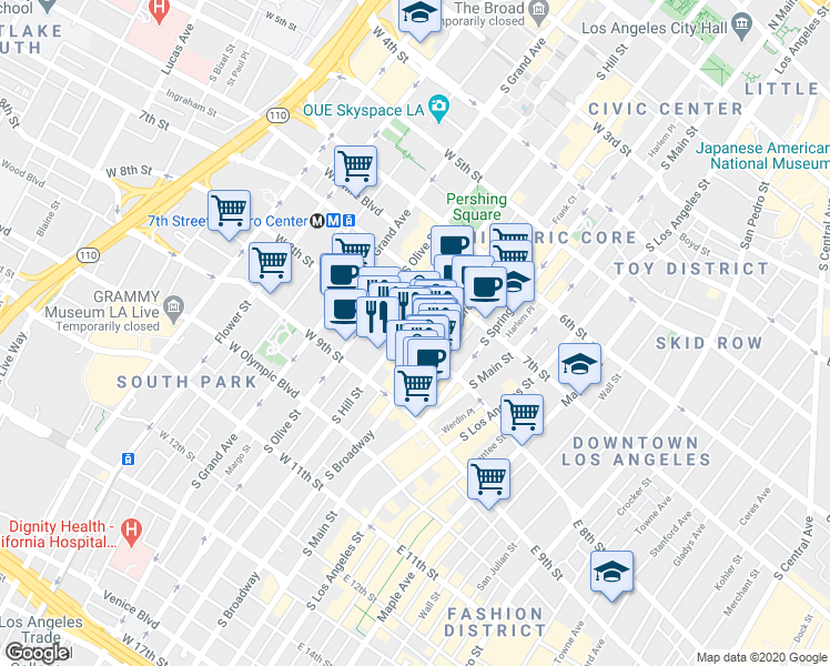 map of restaurants, bars, coffee shops, grocery stores, and more near 320 West 8th Street in Los Angeles