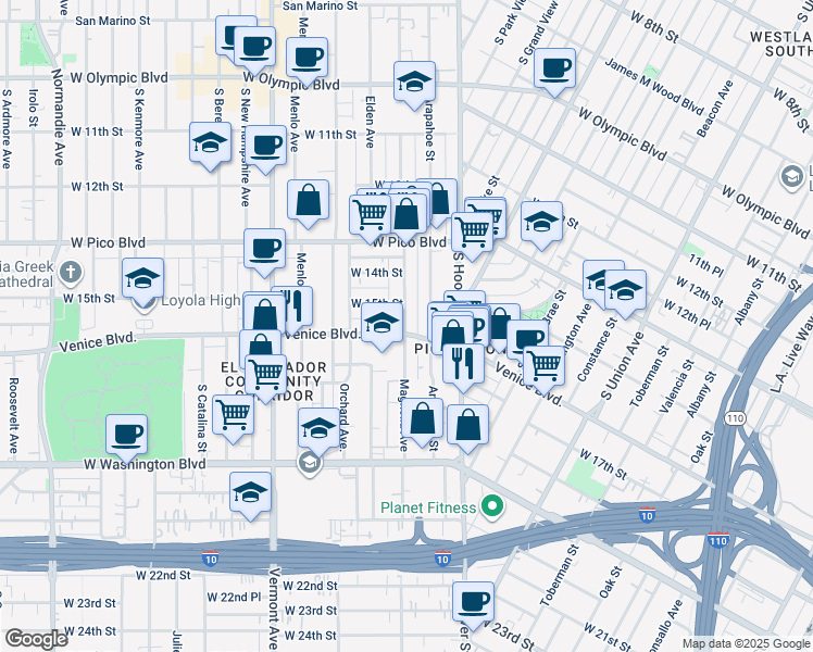 map of restaurants, bars, coffee shops, grocery stores, and more near 1531 West 17th Street in Los Angeles