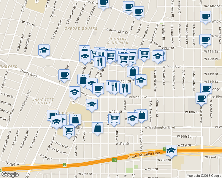 map of restaurants, bars, coffee shops, grocery stores, and more near in Los Angeles