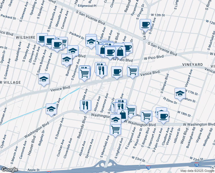 map of restaurants, bars, coffee shops, grocery stores, and more near 1707 South Sycamore Avenue in Los Angeles