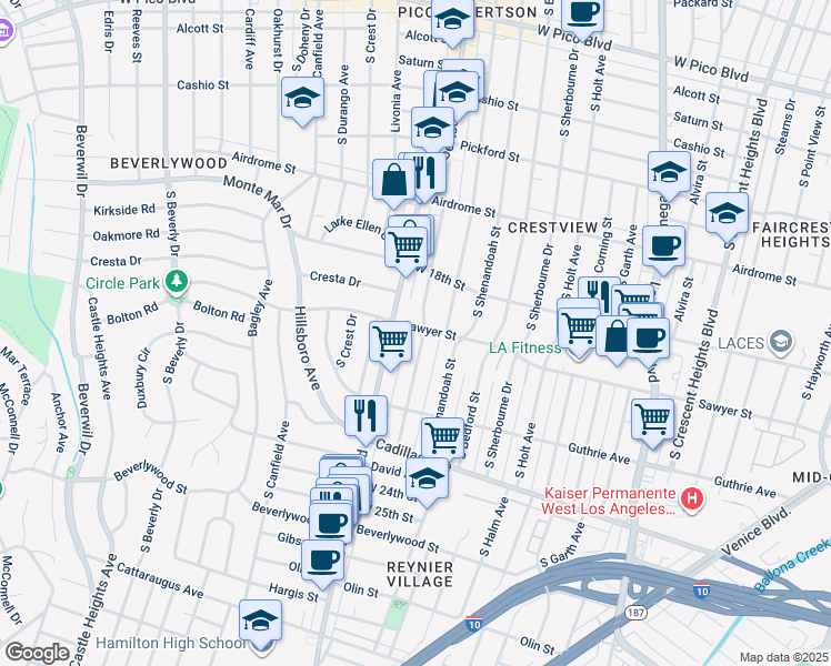 map of restaurants, bars, coffee shops, grocery stores, and more near 1911 Preuss Road in Los Angeles
