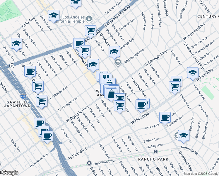map of restaurants, bars, coffee shops, grocery stores, and more near in Los Angeles