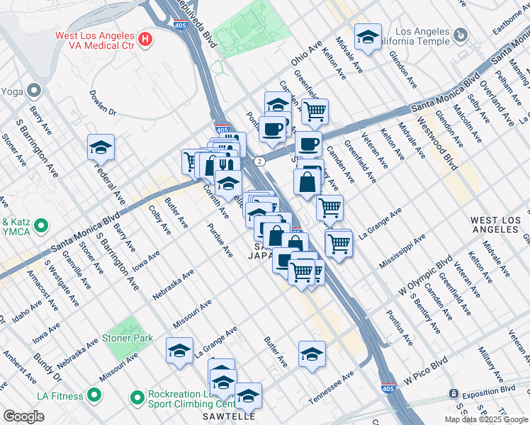 map of restaurants, bars, coffee shops, grocery stores, and more near 1800 Sawtelle Boulevard in Los Angeles