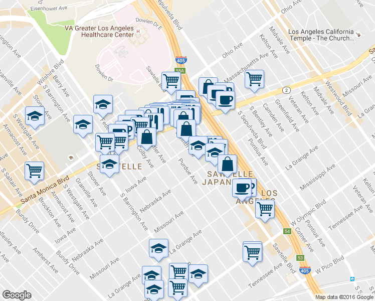 map of restaurants, bars, coffee shops, grocery stores, and more near 11360 Iowa Avenue in Los Angeles