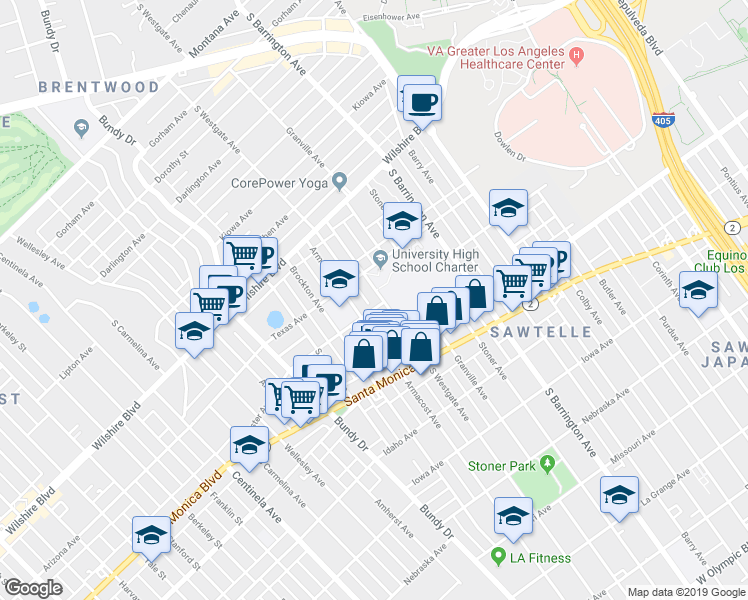 map of restaurants, bars, coffee shops, grocery stores, and more near 1409 South Westgate Avenue in Los Angeles