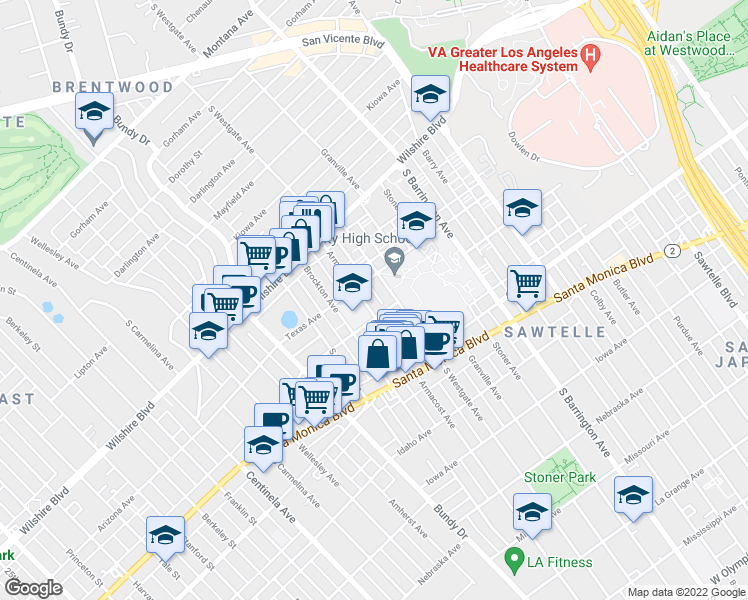 map of restaurants, bars, coffee shops, grocery stores, and more near 1309 Armacost Avenue in Los Angeles