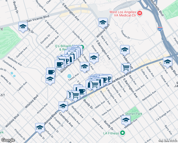 map of restaurants, bars, coffee shops, grocery stores, and more near 1309 Armacost Avenue in Los Angeles