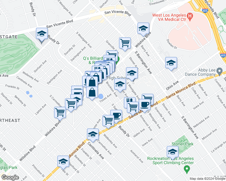 map of restaurants, bars, coffee shops, grocery stores, and more near 1301 Brockton Avenue in Los Angeles