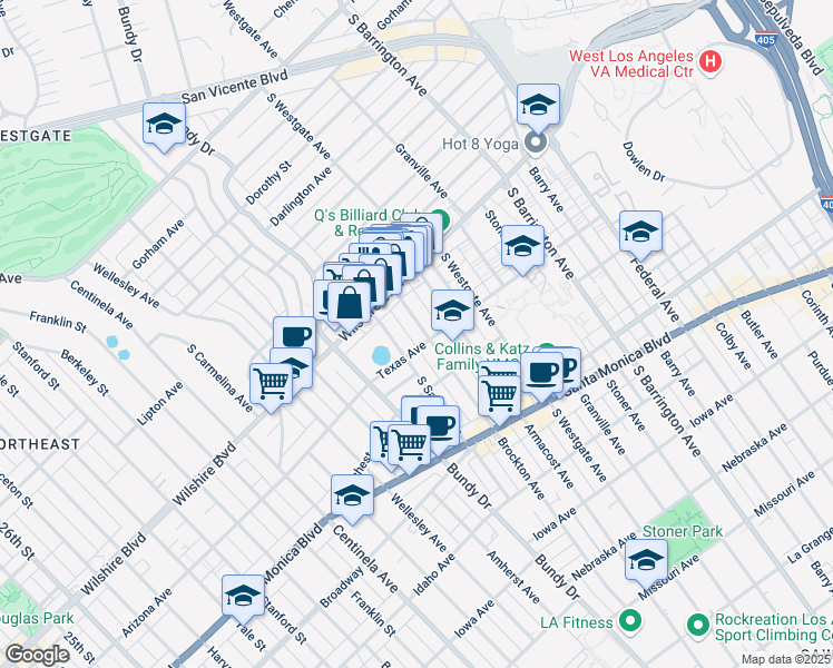 map of restaurants, bars, coffee shops, grocery stores, and more near 1301 Brockton Avenue in Los Angeles