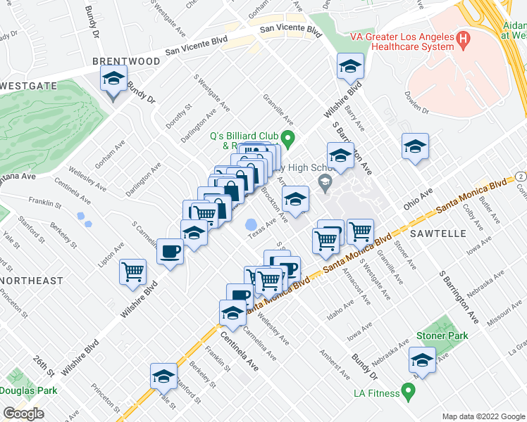 map of restaurants, bars, coffee shops, grocery stores, and more near 1228 South Bundy Drive in Los Angeles