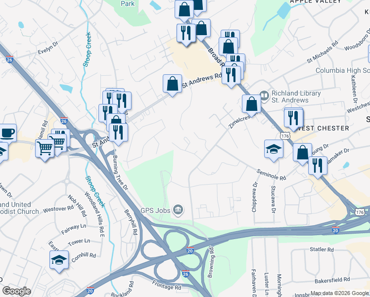 map of restaurants, bars, coffee shops, grocery stores, and more near 110 Amsterdam Drive in Columbia