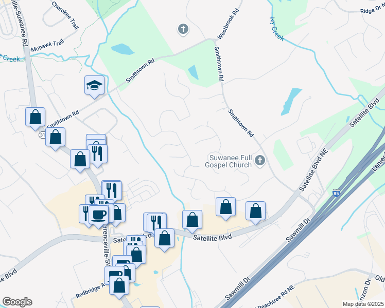 map of restaurants, bars, coffee shops, grocery stores, and more near 3419 White Sands Way in Suwanee