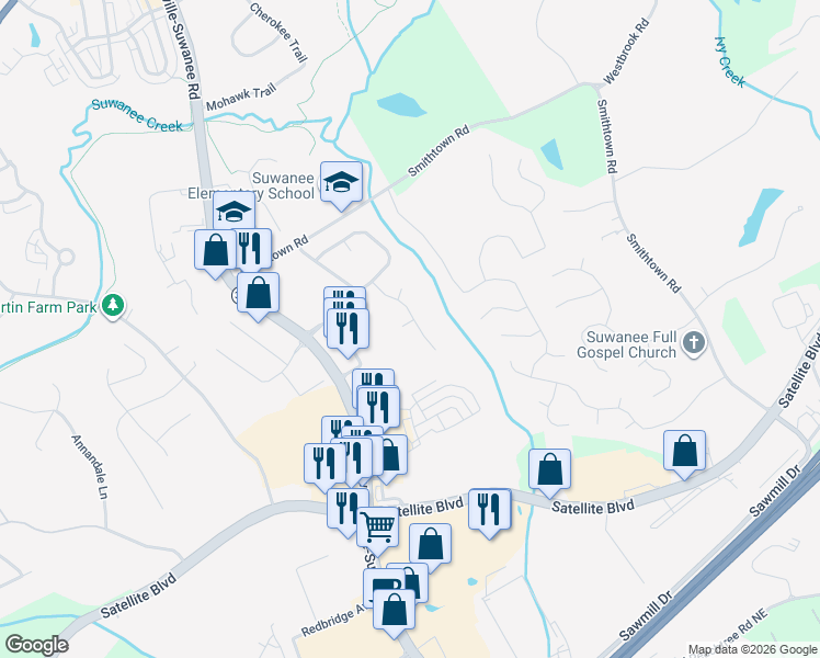 map of restaurants, bars, coffee shops, grocery stores, and more near 240 Deville Circle in Suwanee