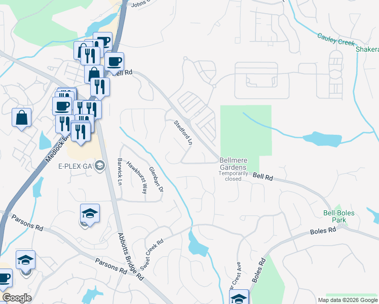 map of restaurants, bars, coffee shops, grocery stores, and more near 460 Stedford Lane in Duluth