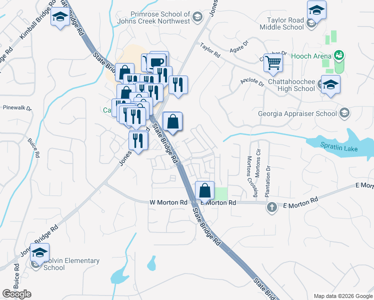 map of restaurants, bars, coffee shops, grocery stores, and more near 10914 Gallier Street in Alpharetta
