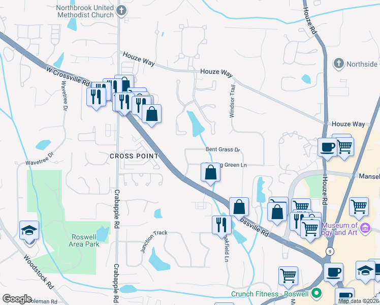 map of restaurants, bars, coffee shops, grocery stores, and more near 140 Bent Grass Drive in Roswell